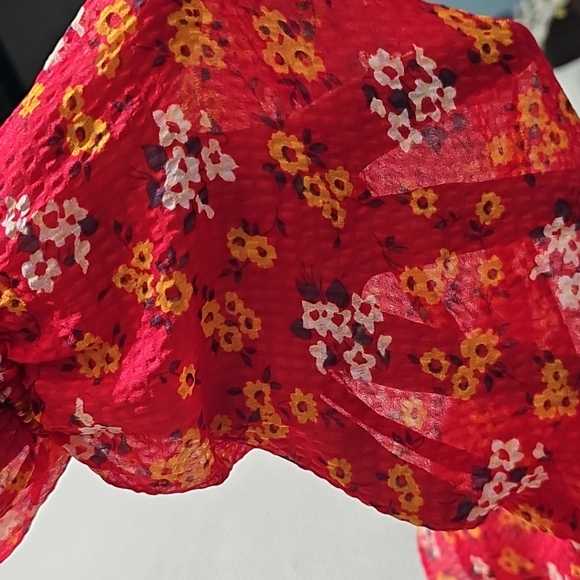 Free People Womens Red‎ Floral Chiffon Long Sleeve Mini A Line Dress Sz 0 EUC - Picture 11 of 16